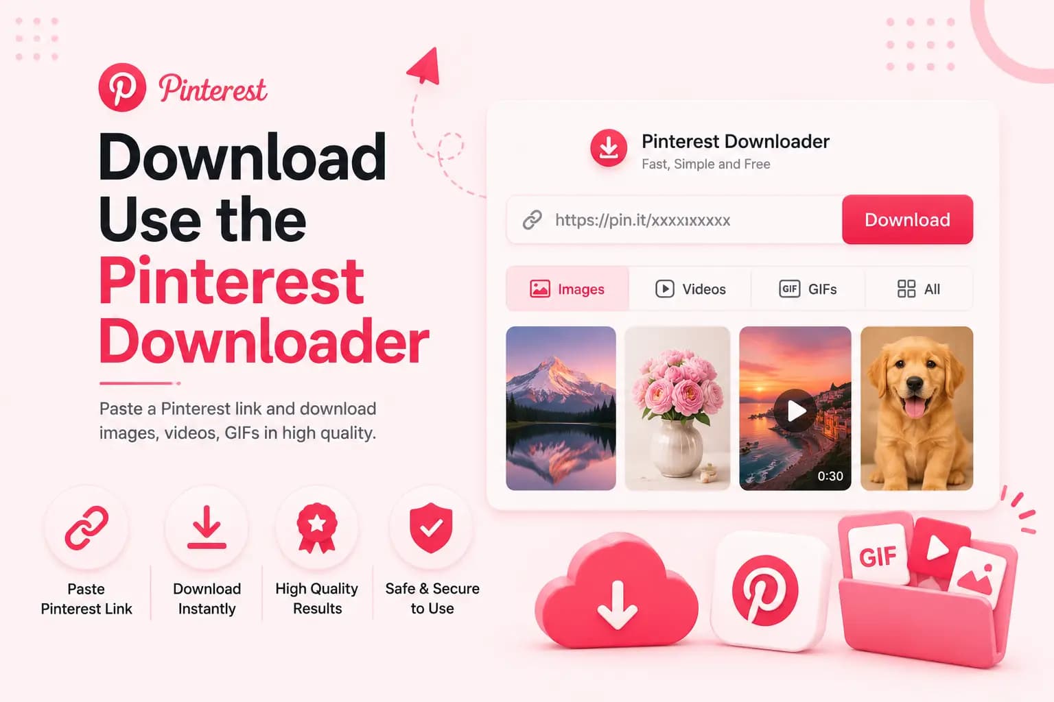 Pinterest Downloader summary graphic showing a paste-link download bar with image, video, and GIF result previews