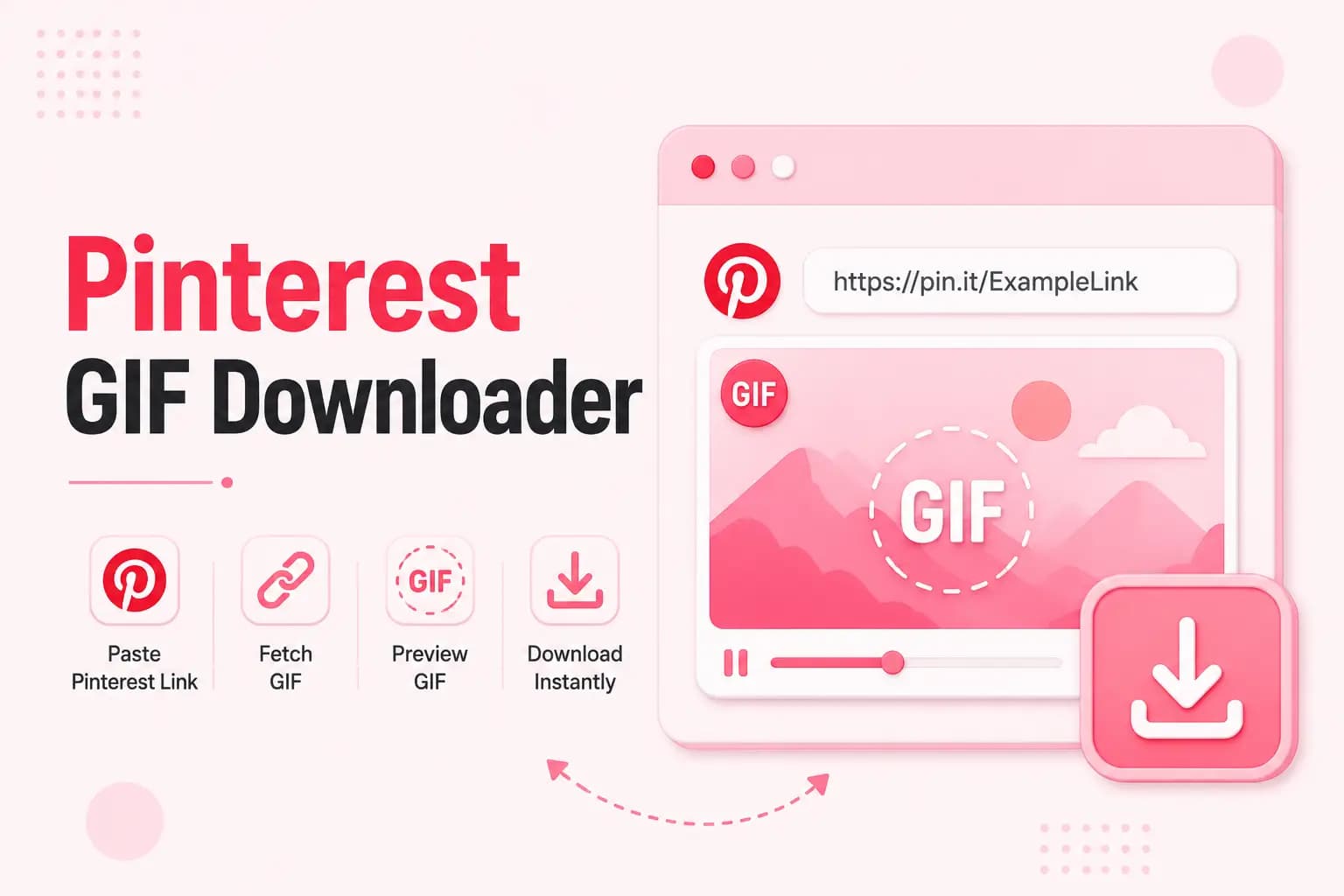 Pinterest GIF Downloader Pinterest GIF Downloader interface showing the paste-link, fetch, preview, and download steps